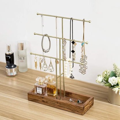 MyGift Handmade 3-Tier Brass Metal Jewelry Tree Organizer Stand and Ring Tray - Image 3