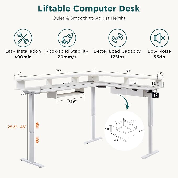 RedLemon 75X60 Inches L Shaped Electric Standing Desk, Height Adjustable Corner - Image 2