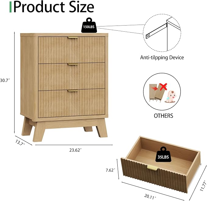 Fluted Nightstand with 3 Storage Drawers, Mid Century Modern Wooden Side Table - Image 2