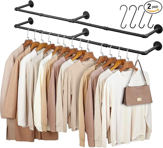 Industrial Pipe Clothing Rack, 66.1" Wall Mounted Clothes Rack Set of 2 by BOSHANGJIA