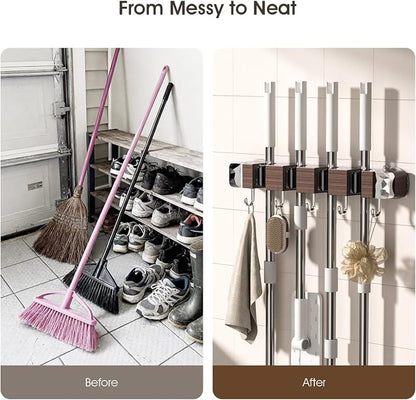 Suction Cup No Drilling Broom Holder Wall Mount, Walnut Color Mop Organizer - Image 4