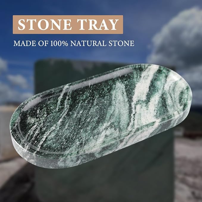 Koville Green Marble Tray for Bathroom Countertop, Stone Jewelry Dish Candle - Image 4