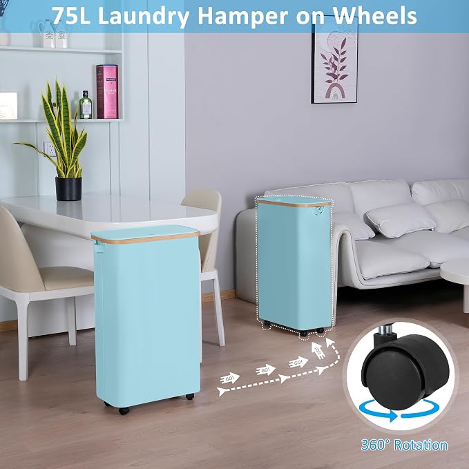 efluky Laundry Basket with Wheels, Tall Rolling Laundry Hamper with Lid and - Image 2