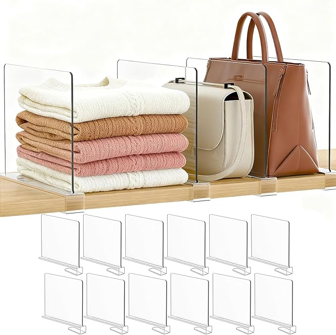 Purse Organizer for Closet Shelf Dividers: 12-Pack Adjustable Clear Acrylic Bag by Saccik
