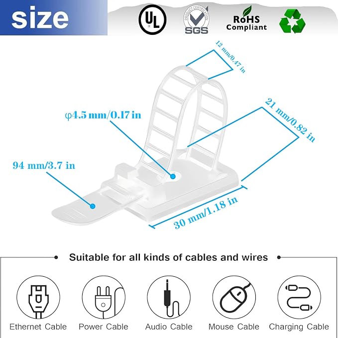 Adjustable 3M Adhesive Cable Management Clips 100Pcs, Large self Adhesive Cable - Image 2