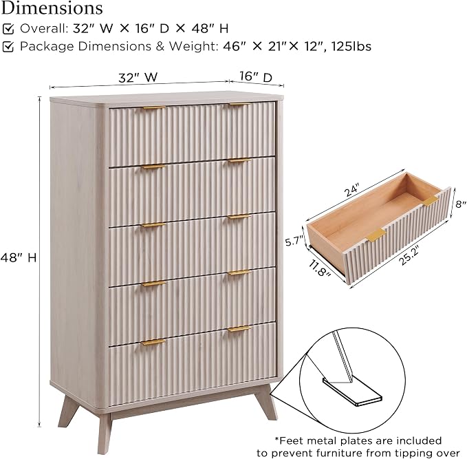 T4TREAM Fluted 5 Drawers Dresser, Curved Profile Design, Wood Drawer Organizer - Image 2