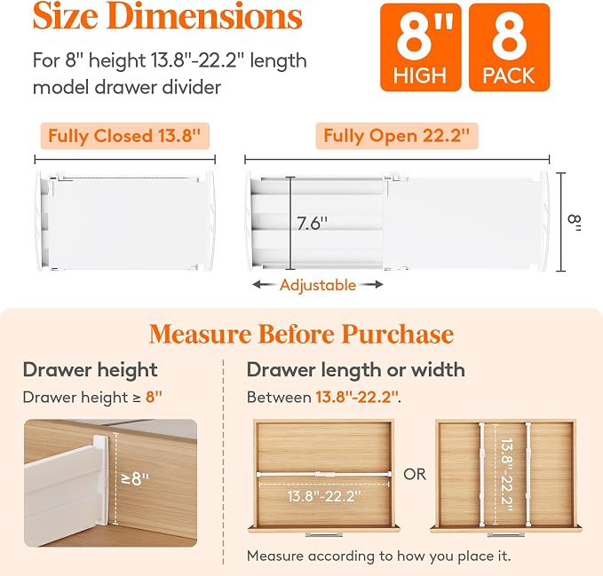 Lifewit 8" High 8 Pack Deep Drawer Dividers, 13.8-22.5" Adjustable Dresser - Image 3