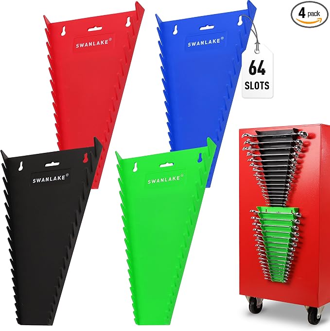 Magnetic Wrench Organizer 4-piece, Wrench Rack Tool Trays SAE, 64-Slot Drawer by SWANLAKETOOLS