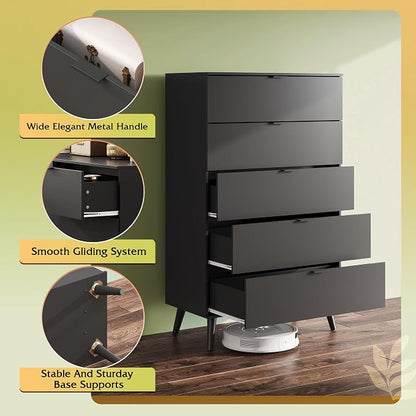 WLIVE 5 Drawer Dresser for Bedroom, Tall Wooden Dresser, Chest of Drawers for - Image 5