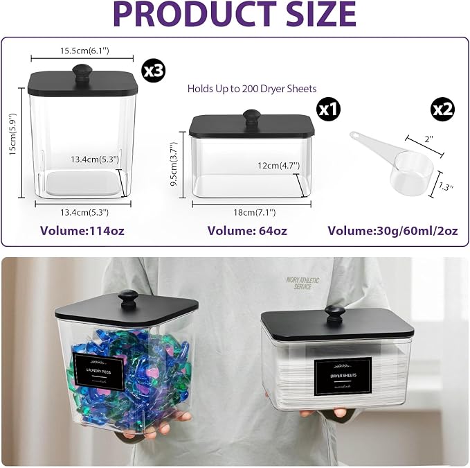 3+1 Pack Clear Laundry Pods Container & Dryer Sheet Holder, Plastic Square - Image 2