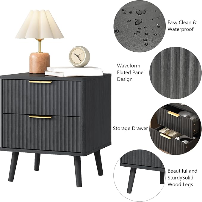 CARPETNAL Fluted Nightstand Set of 2, Wood End Table Mid Century Night Stands - Image 4