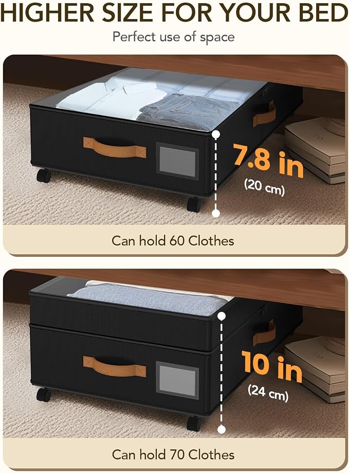 4 Pack Under Bed Storage with Wheels, Adjustable Height Storage Containers - Image 3
