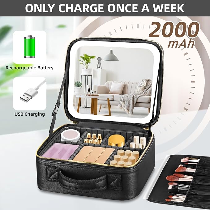 Makeup Bag with Mirror and Light 3 Colors, Travel Make up Bag with Mirror - Image 3