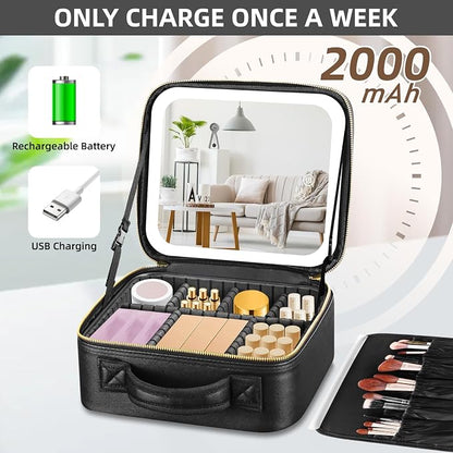 Makeup Bag with Mirror and Light 3 Colors, Travel Make up Bag with Mirror - Image 3