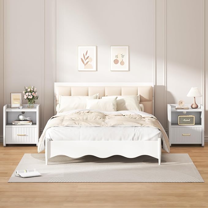 Night Stand with Charger Station, Fluted Nightstands Set of 2 with Drawer - Image 3