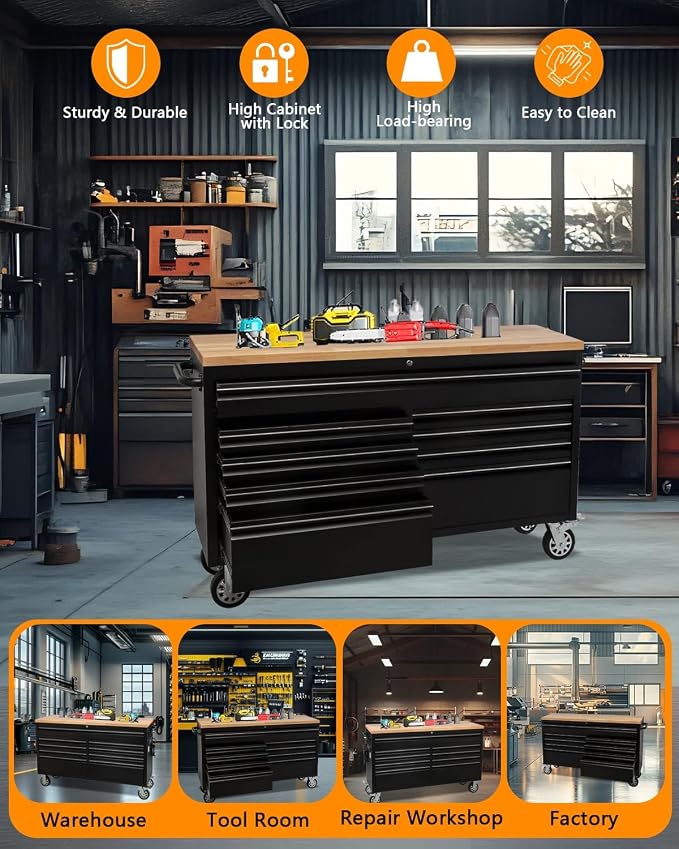 61 Inch Tool Chest, Tool Box Mobile Workbench, 9 Drawers Storage Lockable - Image 3