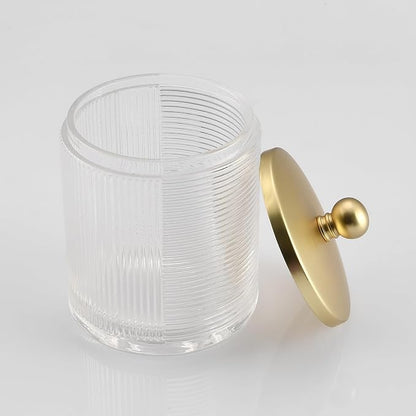 Clear Transparent Apothecary Ribbed Geometric Etched Glass Jar W/Gold Lid Cover - Image 3