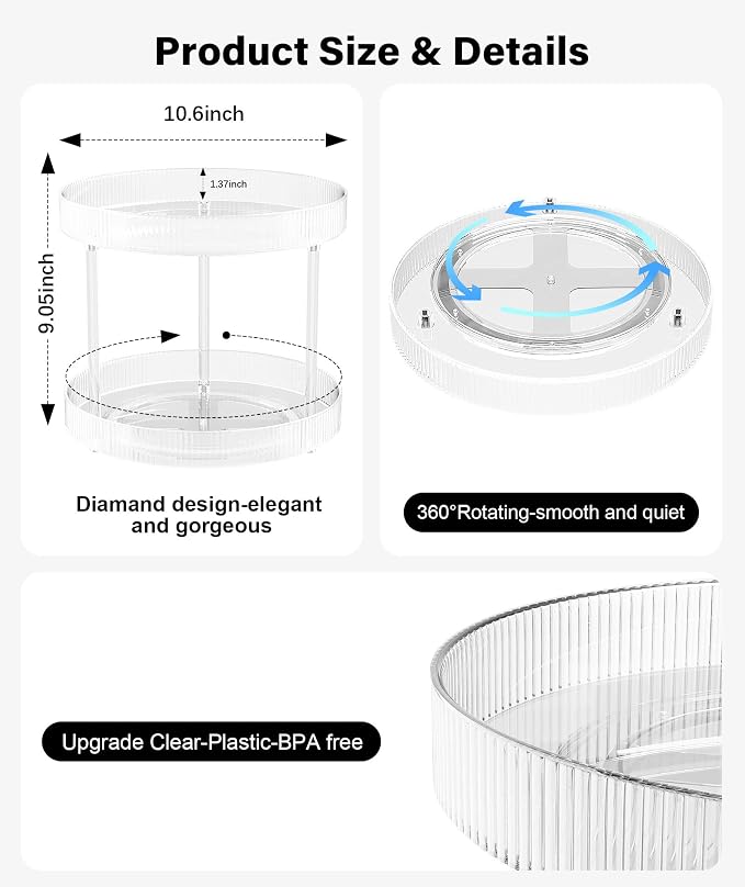 Acina 2-Tier Bathroom Countertop Organizer: 360° Clear Lazy Susan Rotating - Image 4