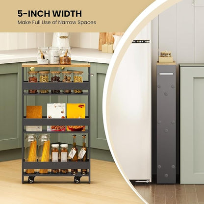 Small Kitchen Cart, 4-Tier Slim Rolling Island w/Handle, Laundry Room Storage - Image 5