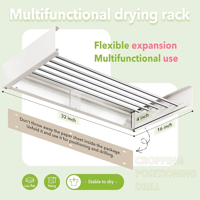 Wall Mounted Clothes Drying Rack 32 inches, Foldbale Laundry Drying Rack Wall - Image 3