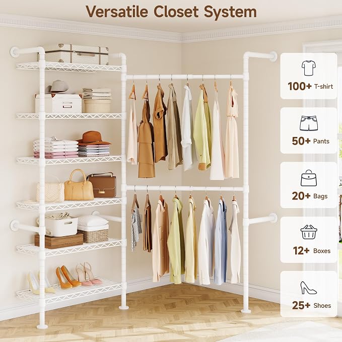 L2 Wall Mounted Closet System, Industrial Pipe Clothing Rack Clothes Racks - Image 3