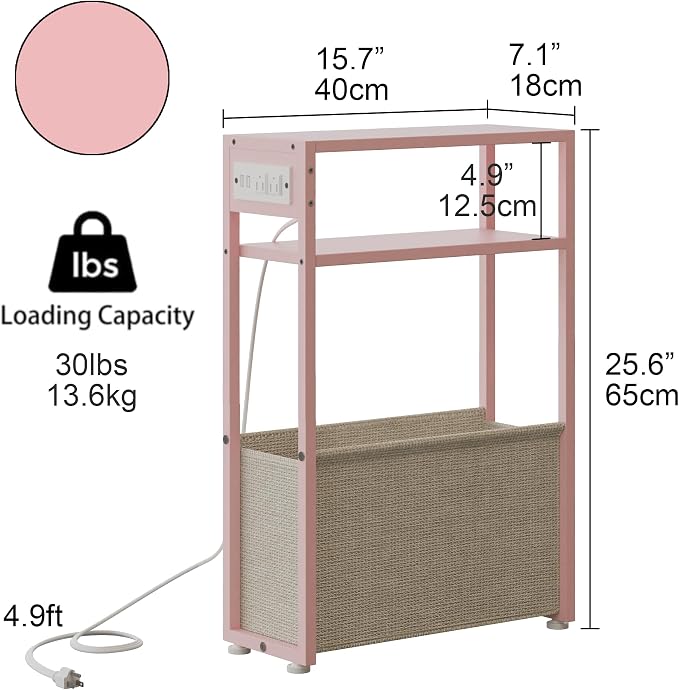 Pink Side Table with Charging Station, Slim End Tables with Linen Basket - Image 2