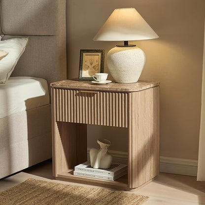 Fluted Nightstand with Drawer, Bedside Table with Faux Marble-Top, Engineered - Image 6