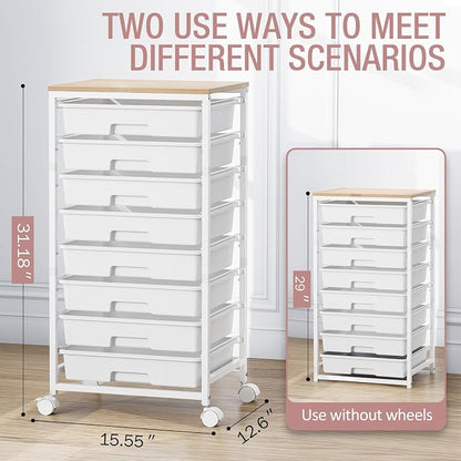 Storage Cart with 8 Drawers, Utility Cart with White Drawers and Wooden Tabletop - Image 3