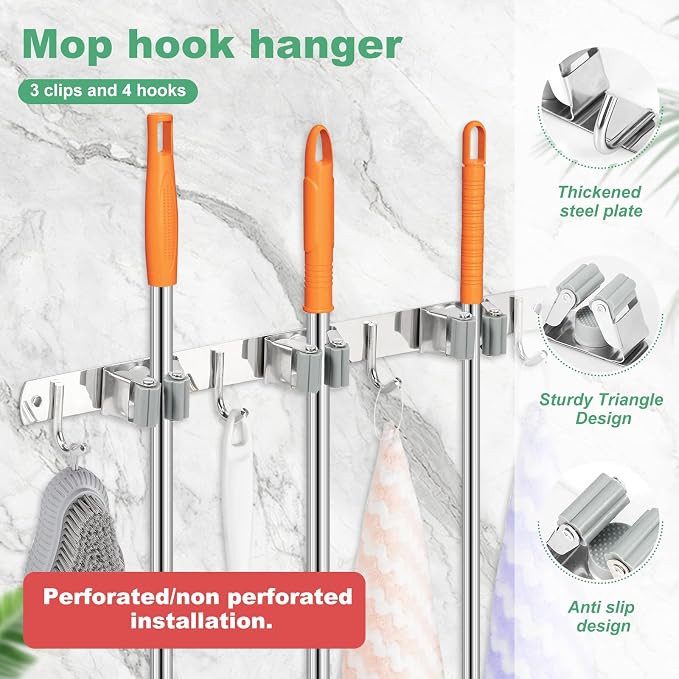 3 Pack Broom Holder Wall Mount 3 Racks 4 Hooks Stainless Steel Broom Mop Holder - Image 9