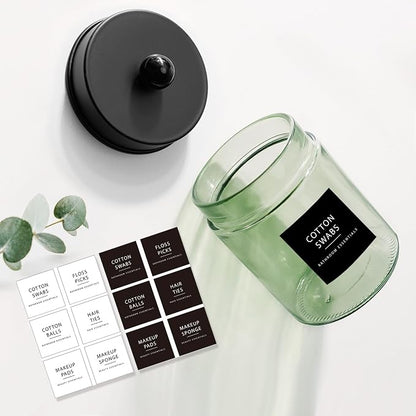Amolliar Sage Green Qtip Holder, Glass Apothecary Jar Metal Lid & Stickers - Image 3