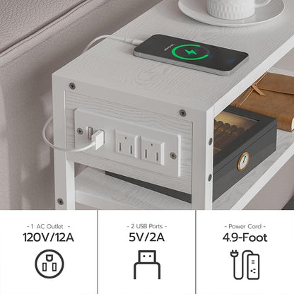White Side Table with Charging Station, Slim End Tables with Fabric Basket - Image 5