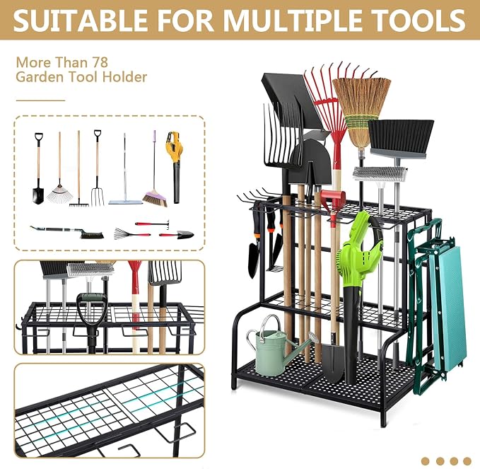 Garden Tool Storage Rack, 3 Tier Heavy-Duty Steel Garden Tool Organizer Stand - Image 3