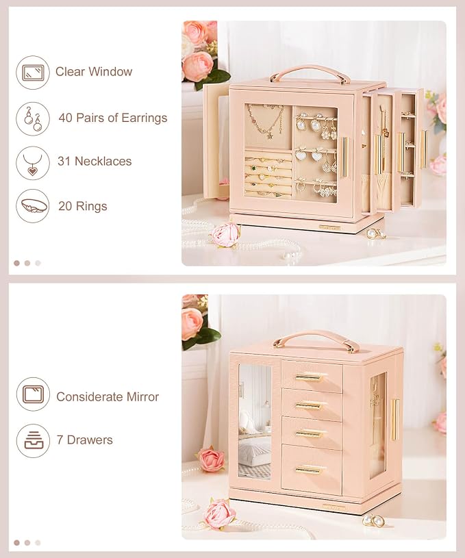 Homde Christmas Gifts Jewelry Box 360° Rotating, Necklace Earring Organizer - Image 4