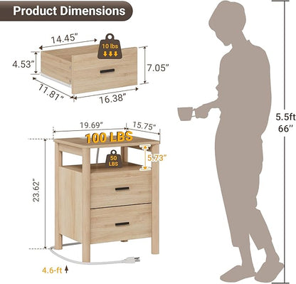 Night Stand Set of 2 with Charging Station, 2 Drawers End Table with Open Shelf - Image 2