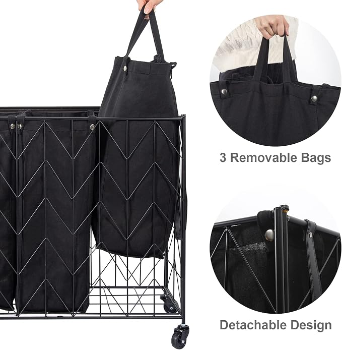 WOWLIVE Laundry Basket with Wheels, 142L Hamper 3 Section with Lid, Dirty - Image 5