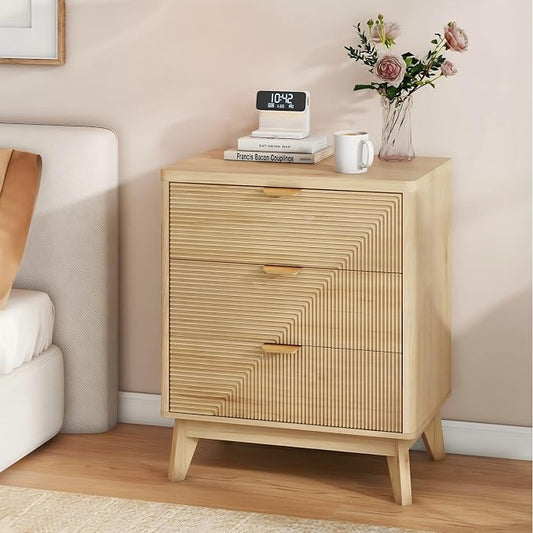 3 Drawer Fluted Nightstand for Bedroom, Modern Wood Night Stand by LYNCOHOME
