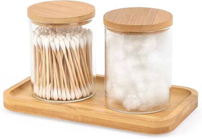Bamboo Vanity Tray, Bathroom Tray Organizer Glass Qtip Holder Dispenser by BKYFPQ
