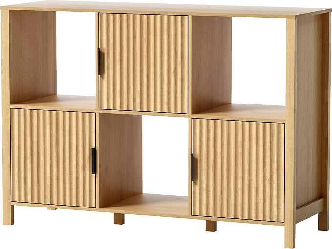 Fluted Storage Bookshelf, Modern Wooden 6 Cube Bookcase - Image 7
