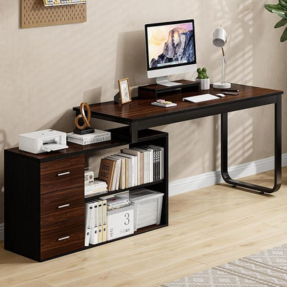55 Inch L Shaped with Storage Shelves, Corner Computer Desk with Drawers - Image 3