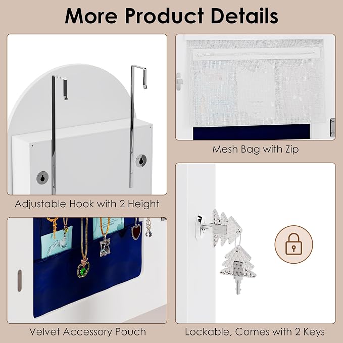 47in Tall Jewelry Cabinet Organizer, Arched Wall or Door Mounted Jewelry Armoire - Image 9