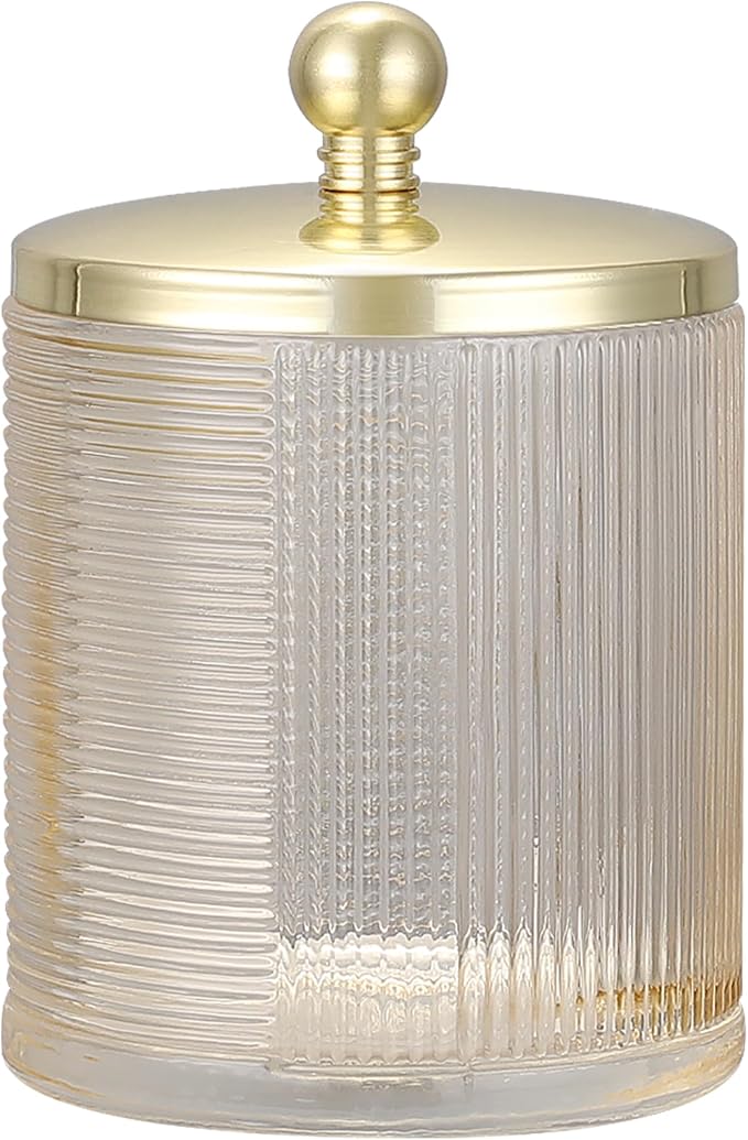 Tan Colored Tranlucent Apothecary Ribbed Geometric Etched Glass Jar W/Gold by IndecorHome