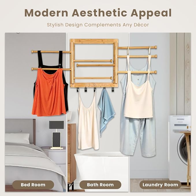Bamboo Wall Mount Drying Rack for Laundry – Collapsible Foldable Clothes Dryer - Image 4