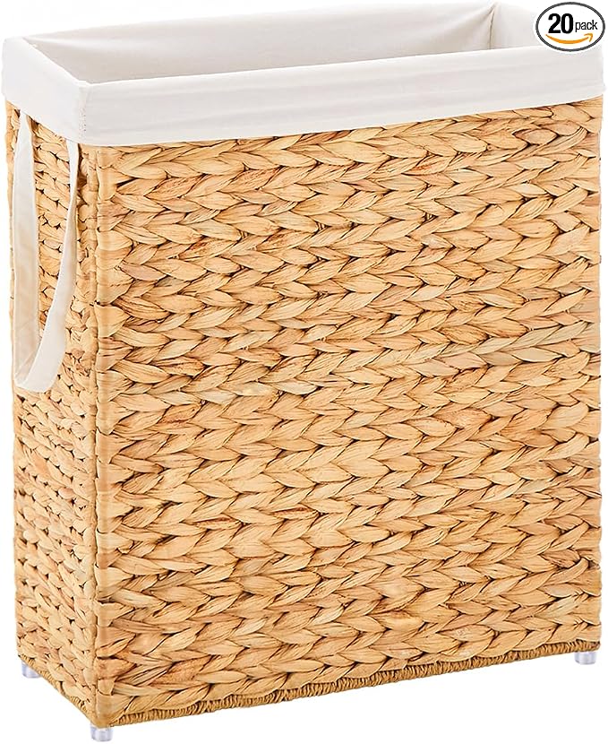 Handwoven Slim Laundry Hamper, 75L Narrow Laundry Basket, Natural Water by LGENHOOMHandwovenNaturalWaterHyacinthBasket