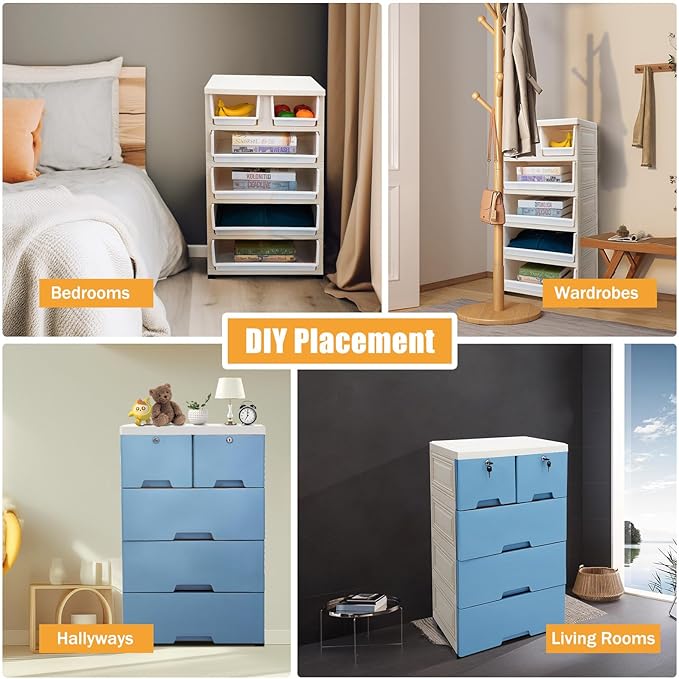 5-Layers Plastic Dresser with 6 Drawers Movable Chest of Drawers Locked Storage - Image 8