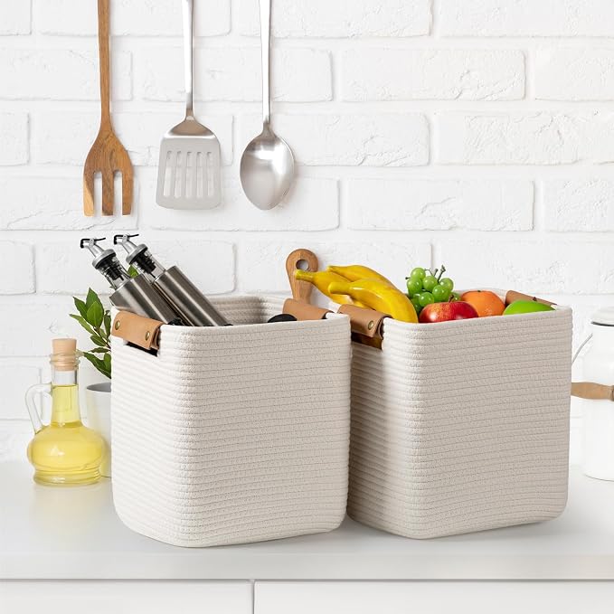 danpinera Set of 3 11 Inch Storage Baskets, Cube Storage Bins, Square Cotton - Image 7