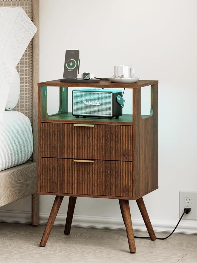 Nightstand with Charging Station and LED Lights, Modern Bedside Table with 2 by Leomonio