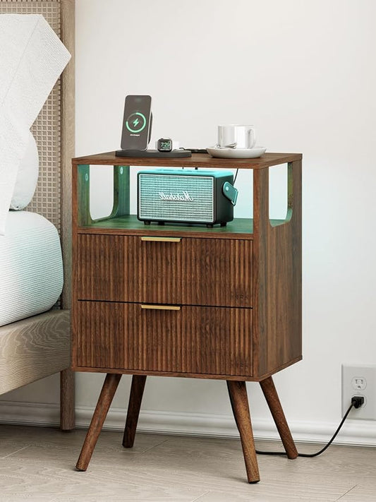 Nightstand with Charging Station and LED Lights, Modern Bedside Table with 2 by Leomonio