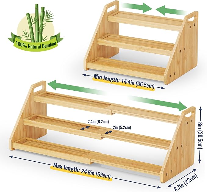 NiHome Cabinet & Countertop Expandable 3-Tier Bamboo Spice Rack - Image 7