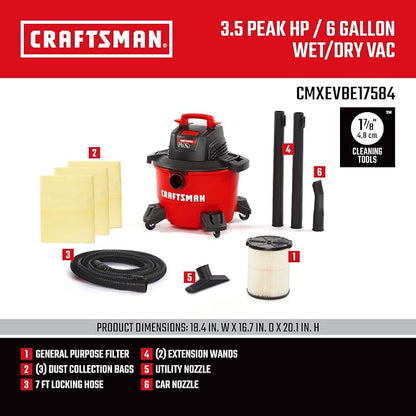 Craftsman CMXEVBE17584 6 Gallon 3.5 Peak HP Wet/Dry Vac, Portable Shop Vacuum - Image 3