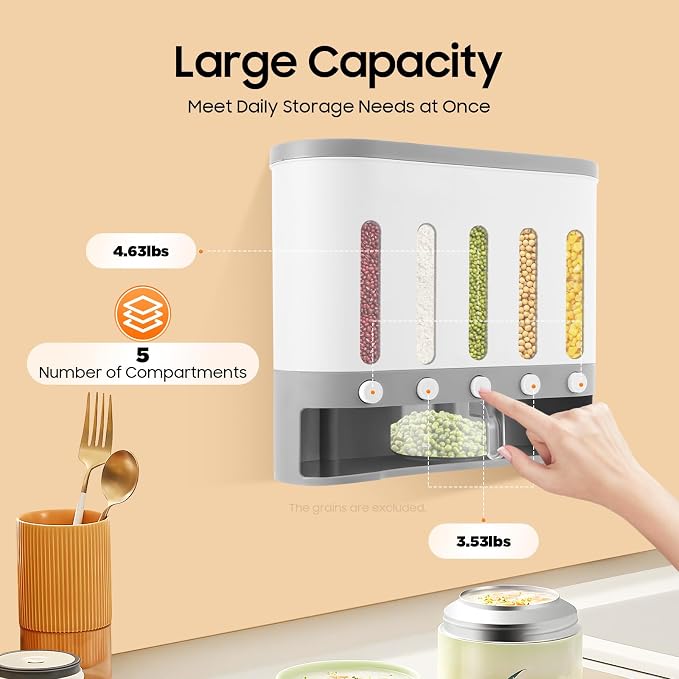 5 Grids Dry Food Dispenser, Wall mounted Rice Storage Dispenser Cereal - Image 3